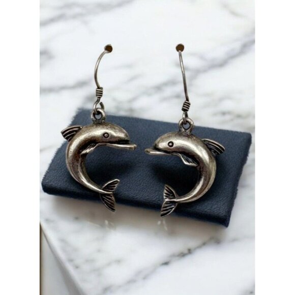 Vintage Sterling Silver Dolphin Dangle Earrings Beach Marine Fish 925 - Picture 1 of 6